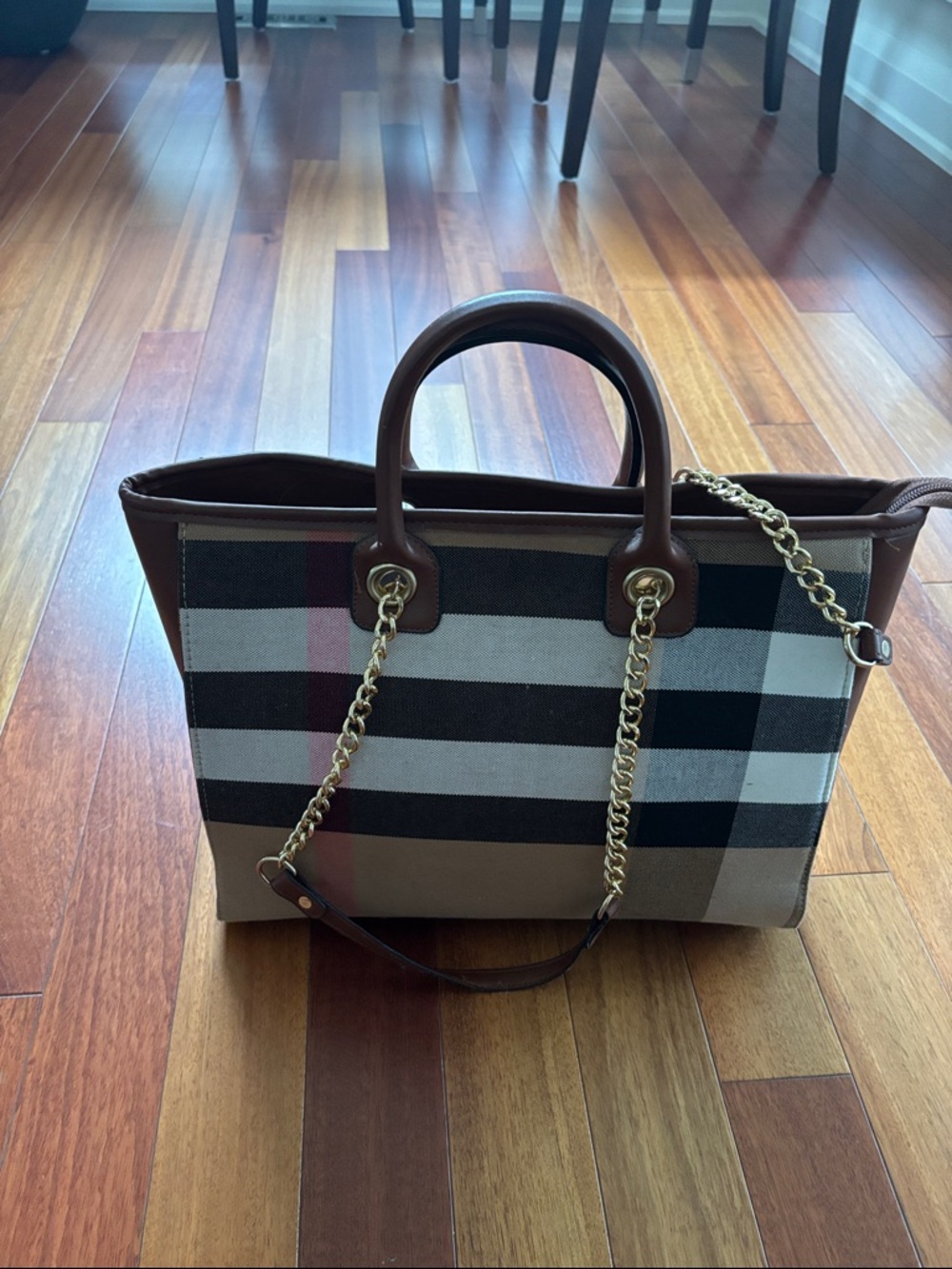 Canvas Tote Bag with Brown Trim and Gold Chain Handles